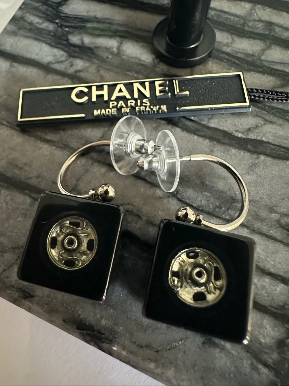 CHANEL 2003 03A Black Resin CC Cube Dice Hoop Drop Earrings